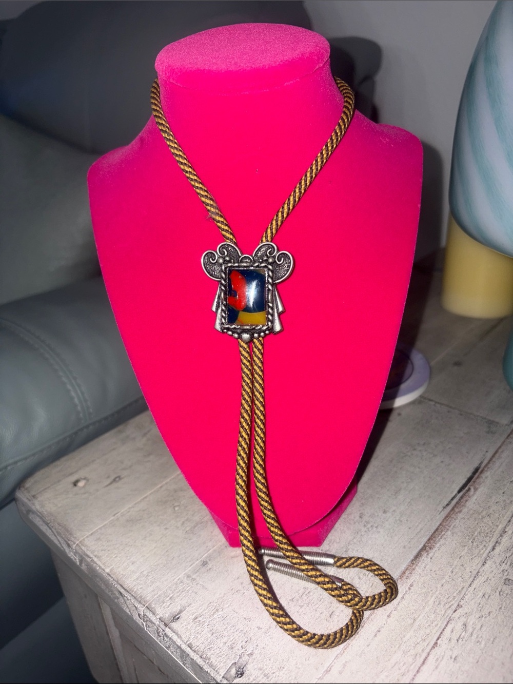 Hand Crafted Multicolor Bolo Tie with Silver-Tone Badge